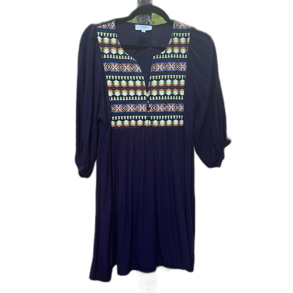 UMGEE Boho Embroidered Puff Sleeve Tunic Blouse Womens S Navy Festival Western